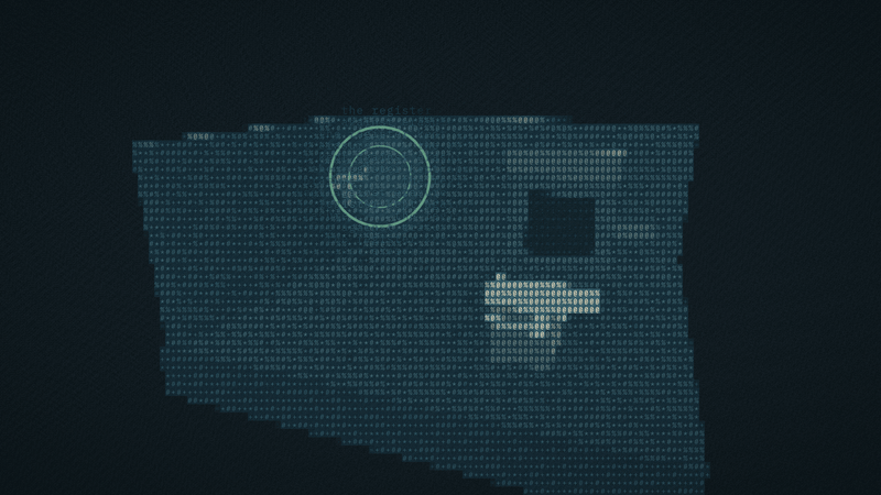 The drowned-text-surfacing effect in a 3D room interior: investigation text rising out of the ascii mass to full legibility as the hotspot reveal animates