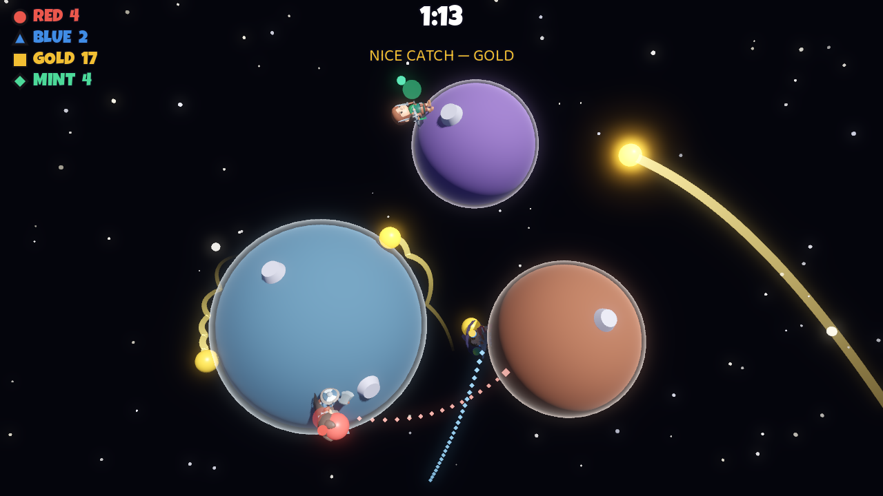 The Orbital minigame: four players slingshotting between three planets